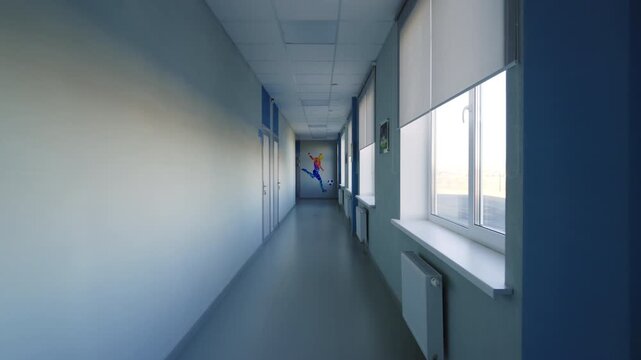 Spacious corridor includes smooth floor ceiling panels and side windows. Vacant space presents organized environment for sports center