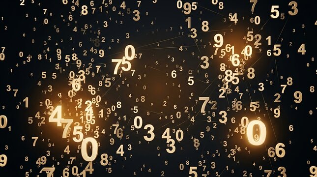 Floating glowing golden digital numbers in dark virtual space