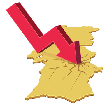 3D isometric map of Portugal cracking under a crashing red arrow representing economic recession, financial crisis, market decline, inflation, and bankruptcy (cut out)