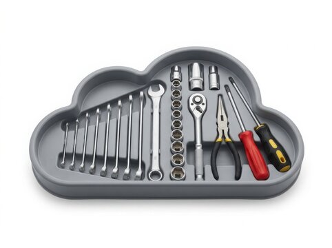 Assorted screwdrivers and wrenches in a cloud-shaped tool holder isolated on white background
