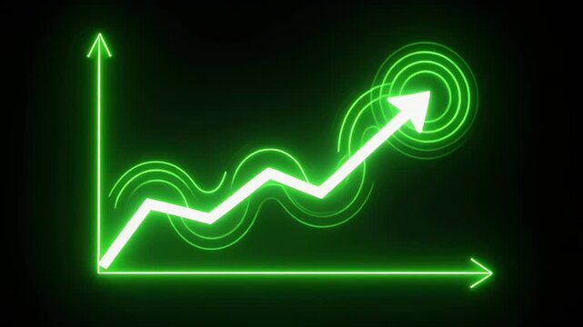 Green neon glowing line graph developing upwards with arrow against black background cinematic motion