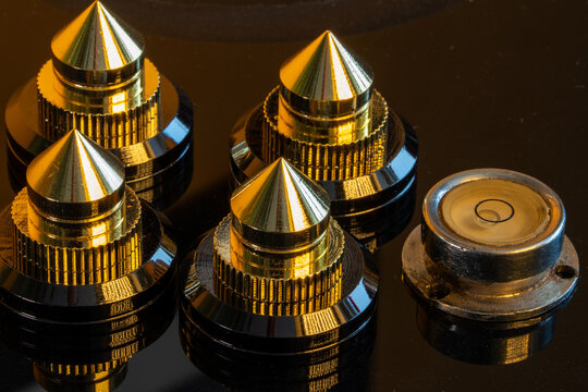Audio stainless steel cone spike, assembled and disassembled. Adjustable shockproof isolation feet for audio. Stand pad for speaker, amplifier, turntable, recorder.