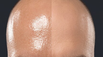 Fototapeta premium Split view of oily and matte skin texture on bald man forehead skincare comparison