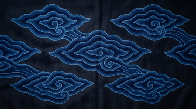 Batik Background Featuring Traditional Indonesian Cloud Motifs in Shades of Deep Blue Fabric