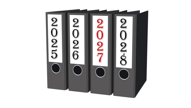 2027 Year change - file folder in a row sorted by ascending year isolated on white background - 3D-Illustration