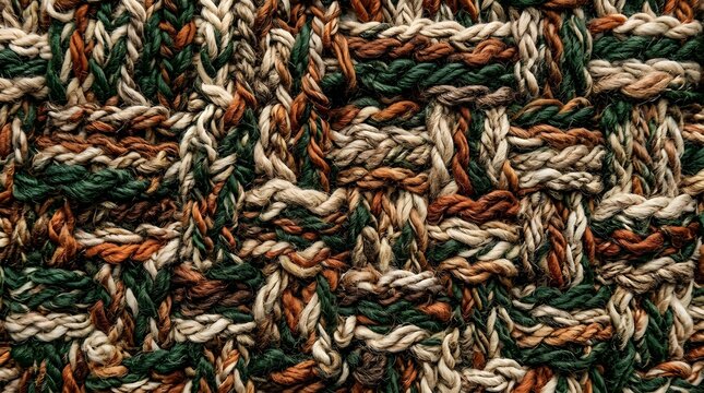 Detailed Basketweave Knit Pattern Background with Coarse Wool Threads in Green Orange and Cream