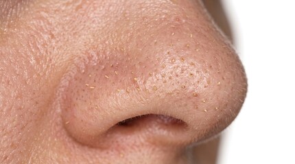 Fototapeta premium Extreme macro of clogged nose skin pores with blackheads and whiteheads