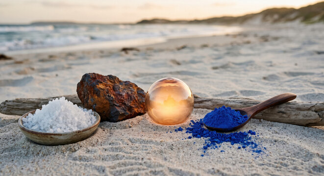 Sustainable sodium ion battery materials showing white salt, raw ore, glowing sphere and blue powder on a beach