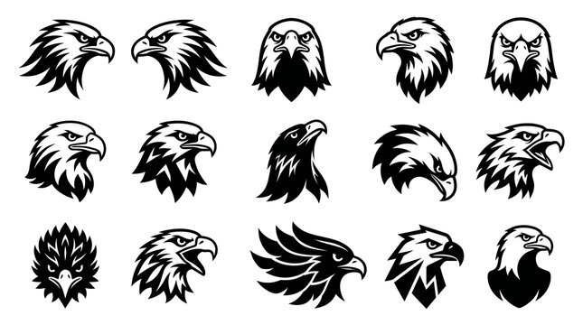 Diverse collection of stylized bald eagle head silhouettes for sports mascots and corporate brand logo designs