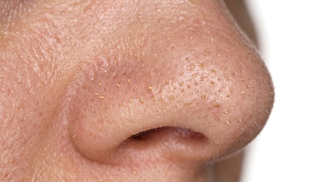 Extreme macro of clogged nose skin pores with blackheads and whiteheads