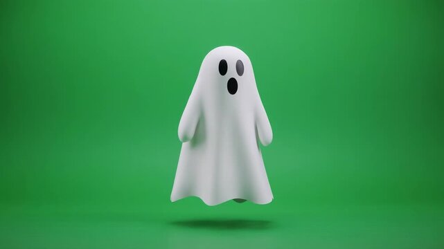 Playful ghost character floating with surprise expression in studio lighting against green screen