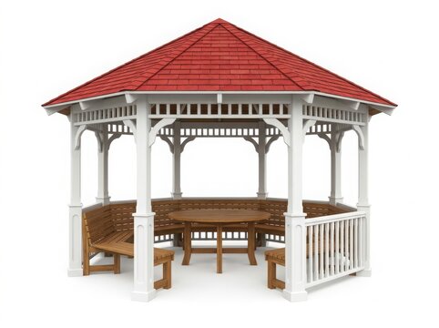 Octagonal gazebo with picnic table and benches isolated on white background isolated on white background