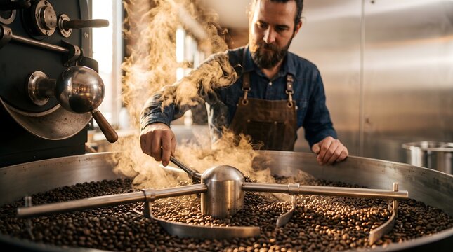 Artisan male roaster in leather apron stirring fresh coffee beans in industrial roasting machine with rising steam for craft beverage production and small business success.