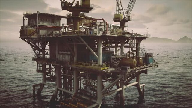 Serene evening view of offshore rig with reflective waters. Silent industrial horizon featuring silhouettes of cranes during evening dusk with tranquil sea