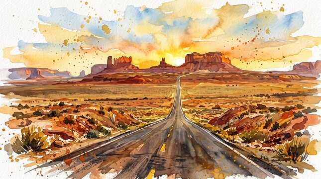 Watercolor illustration of a long asphalt highway stretching toward red rock buttes in Monument Valley during a golden sunset, representing travel and adventure in the American West.