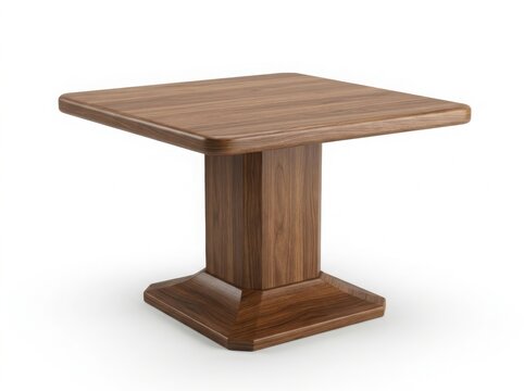 Modern wooden side table with square top and pedestal base isolated on white background