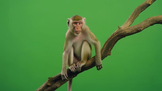 Macaque monkey perched on branch with selective focus against vibrant green screen background
