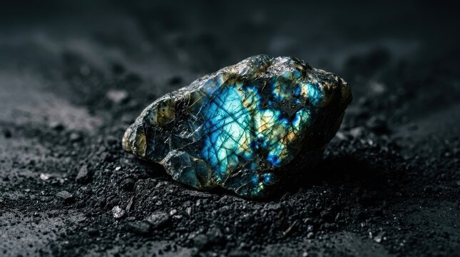 Shimmering Labradorite Gemstone with Iridescent Blue and Green Flashes on Dark, Textured Surface