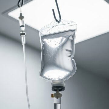 Sterile intravenous fluid bag filled with clear saline solution hanging for infusion therapy in a hospital setting