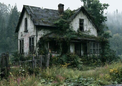 A poetic and atmospheric illustration of a decrepit house surrounded by wild nature. Overgrown plants, rustic charm, and forgotten history evoke a quiet, scenic, and mysterious solitude.