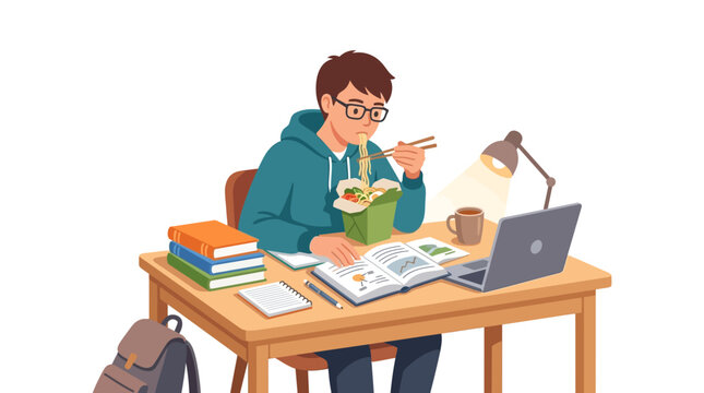 University student eating ramen noodles while studying at desk with laptop flat vector element.