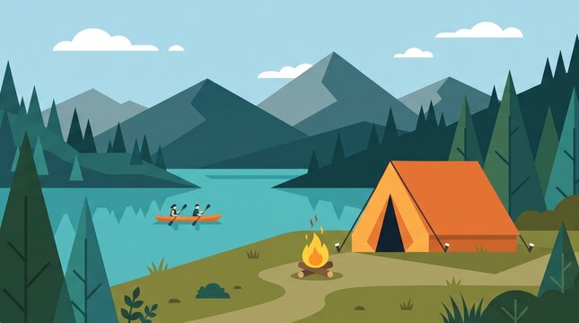 Flat illustration of a campsite with an orange tent and campfire near a lake where people are kayaking, set against a mountain landscape for outdoor adventure and travel concepts.