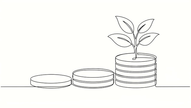 Minimalist hand-drawn illustration of a seedling growing on top of a stack of coins representing financial growth and investment with investment seedling business minimalist development