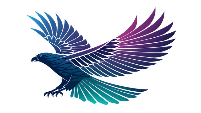 Flying eagle graphic illustration with vibrant blue and purple gradient wings isolated