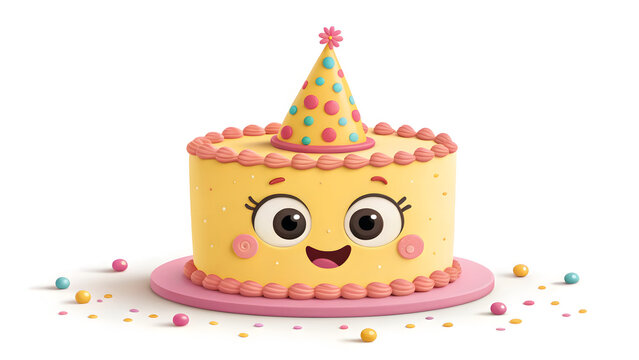 Cute cartoon birthday cake with party hat and smiling face on white background