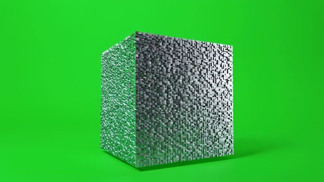Silver Textured Cube Rotating Slowly Against Green Screen Background Seamless Loop