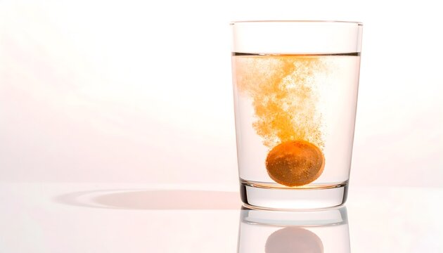 Tableta efervescente disolvi&eacute;ndose en un vaso de agua con burbujas sobre fondo claro