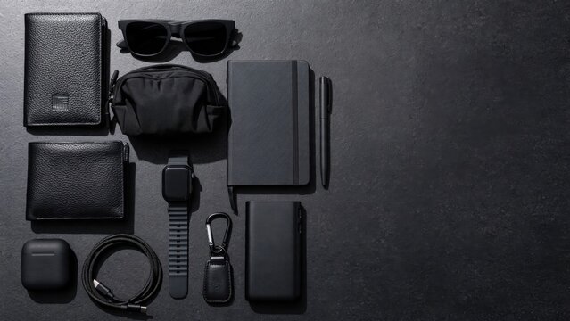Flat lay of essential mens accessories arranged neatly on a dark background.