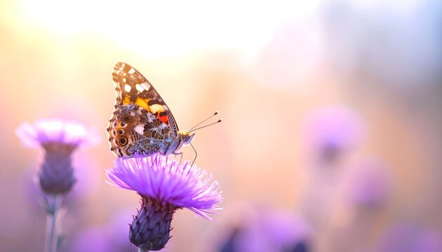 Mariposa posada sobre una flor morada con fondo luminoso desenfocado en tonos pastel