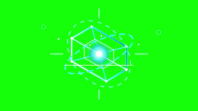Cube wireframe structure illuminates a central light point within a digital grid environment.
