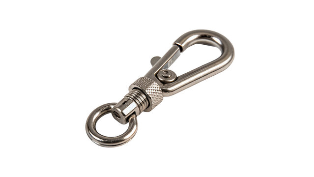 Metallic silver metal carabiner snap hook keychain clip isolated on transparent background