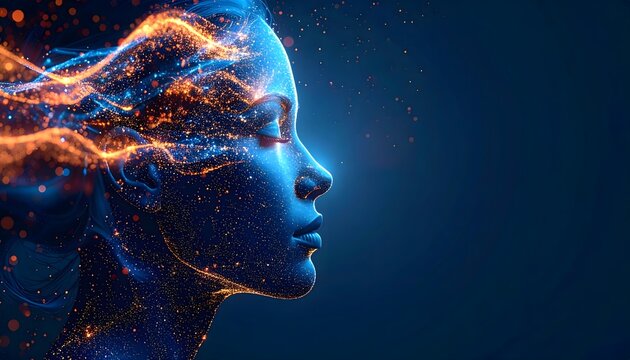 Perfil femenino futurista formado por part&iacute;culas y l&iacute;neas luminosas azules y naranjas sobre fondo oscuro