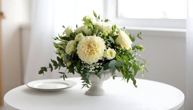 Centro de mesa con flores blancas y follaje verde en jarr&oacute;n sobre una mesa redonda junto a un plato