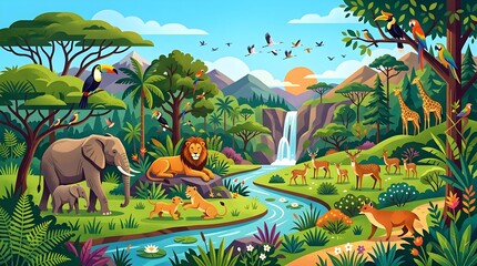 Obraz premium Vibrant jungle landscape featuring diverse wild animals and colorful exotic birds