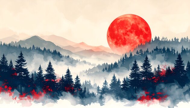 Paisaje ilustrado de bosque de con&iacute;feras y monta&ntilde;as con gran luna roja sobre un valle cubierto de niebla