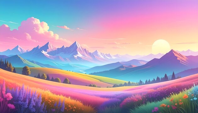 Paisaje ilustrado de monta&ntilde;as, praderas floridas y valle colorido al atardecer con cielo en tonos pastel