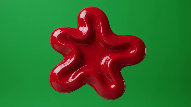 Red liquid blob morphing abstractly on a smooth green background with subtle lighting shifts