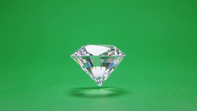 Sparkling diamond rotating slowly with subtle light glints against a vibrant green backdrop
