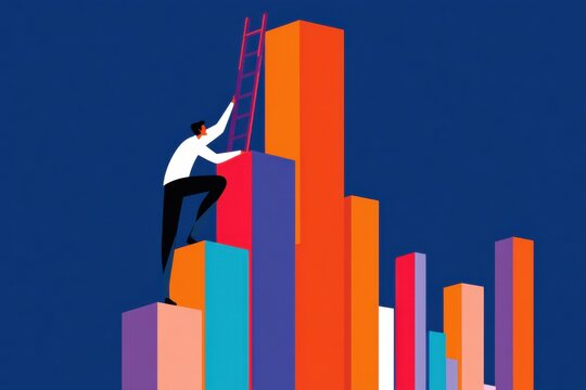 Person climbing a colorful ladder toward tall bar graphs in a digital setting