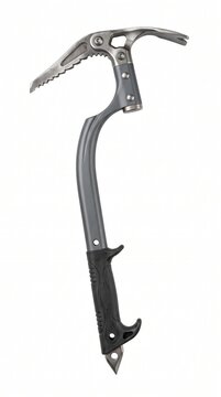 A professional ice axe with a curved shaft and metal pick isolated on a white background, representing mountaineering safety and outdoor adventure equipment.