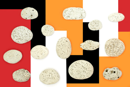 White pebbles with holes caused by mollusks on rich earth tones geometric background, Modern nature hag stones abstract design for greeting card.