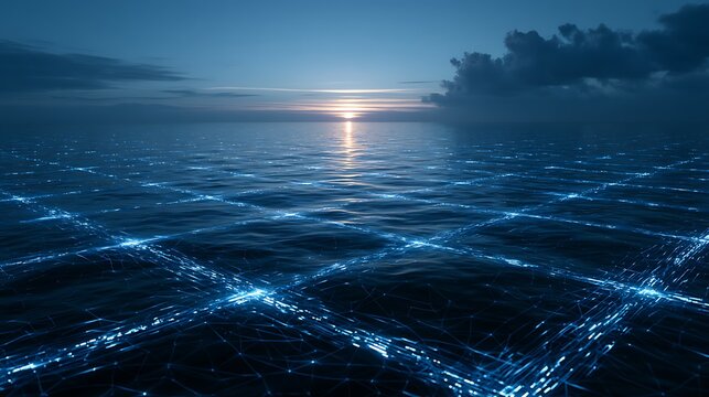 Calm ocean surface with glowing digital data grid overlay, futuristic network lines spanning across tranquil water,