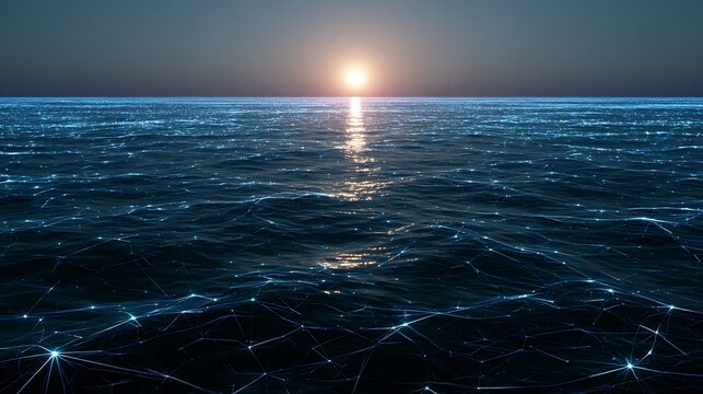 Calm ocean surface with glowing digital data grid overlay, futuristic network lines spanning across tranquil water,