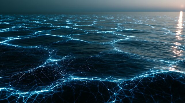 Calm ocean surface with glowing digital data grid overlay, futuristic network lines spanning across tranquil water,
