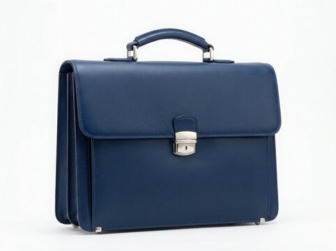 Dark blue leather briefcase with metal clasp and handle isolated on white background