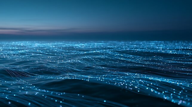 Peaceful ocean horizon with interconnected neon data streams, smart digital ecosystem over water, blockchain communication routes